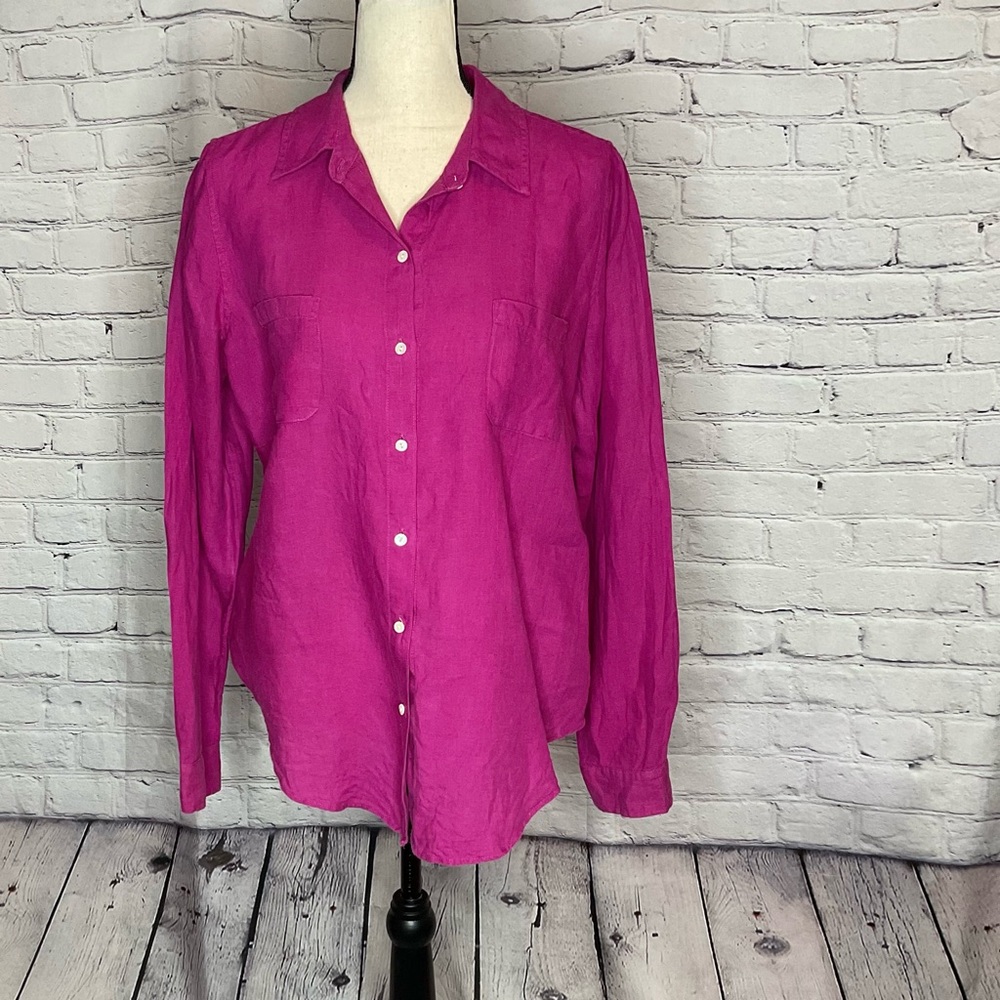 Lilly Pulitzer Sea View Pink Linen Button Down Long Sleeve Shirt Medium